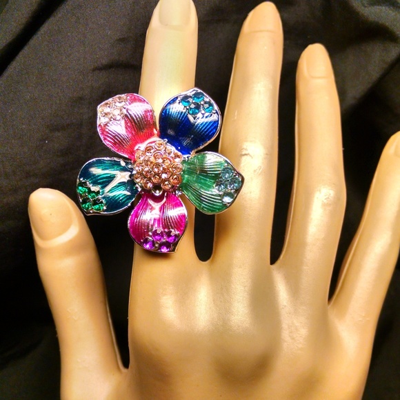 Multi Color Flower Rhinestones Cocktail Ring - Picture 2 of 5
